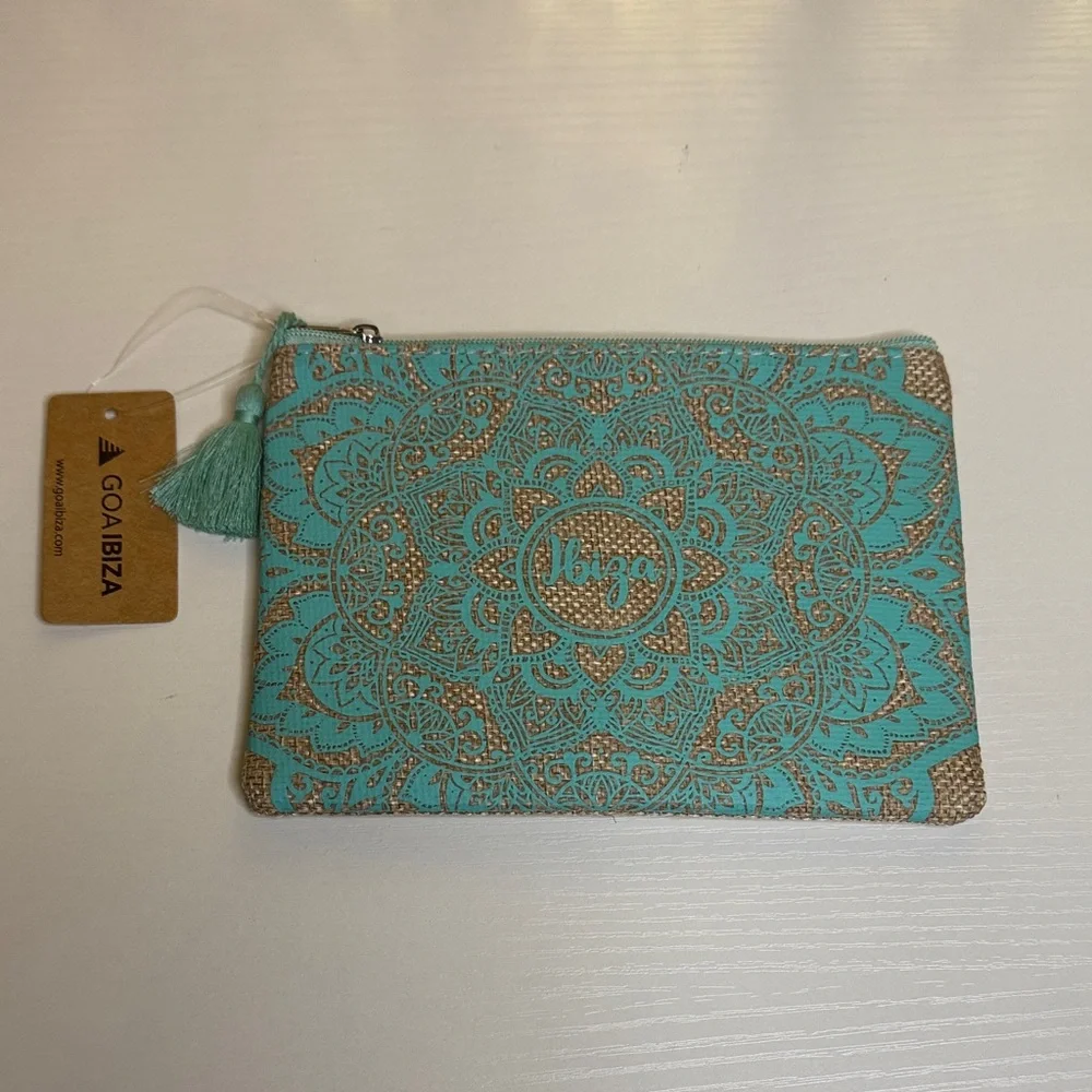 Goa Ibiza Turquoise and Tan Canvas pouch With Mandala Pattern