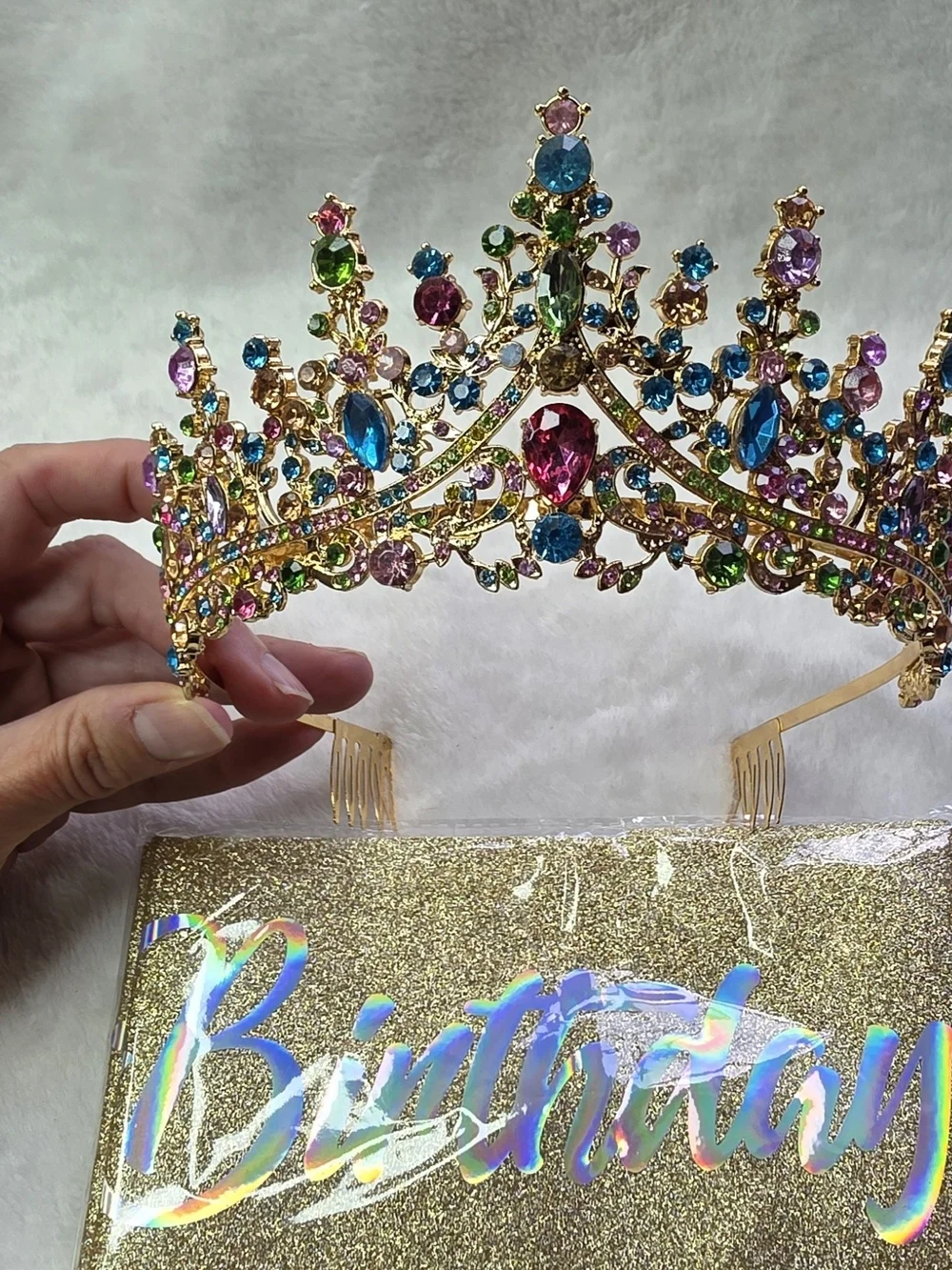 Multicolor Jeweled Tiara with Gold 