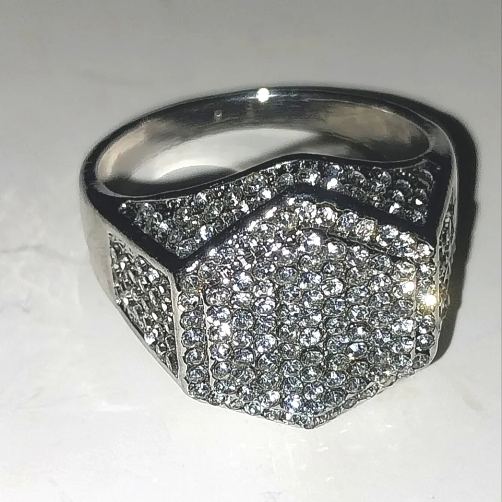 Modern Men's Silvery Hexagonal Diamond Ring Sz 13