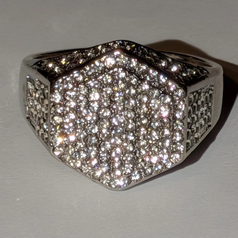 Modern Men's Silvery Hexagonal Diamond Ring Sz 13
