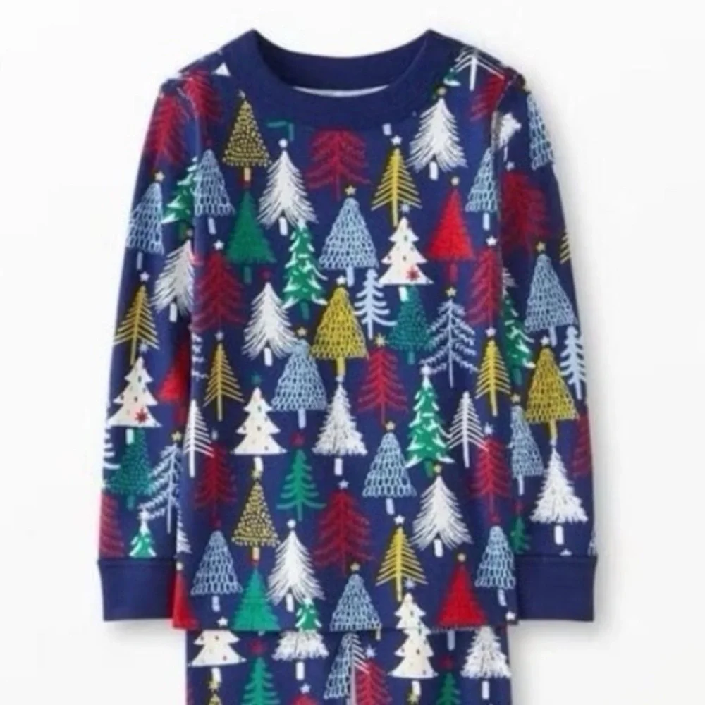 Hanna Andersson Size 12 Winter Christmas Trees Navy Long Sleeve Pajama Top Shirt