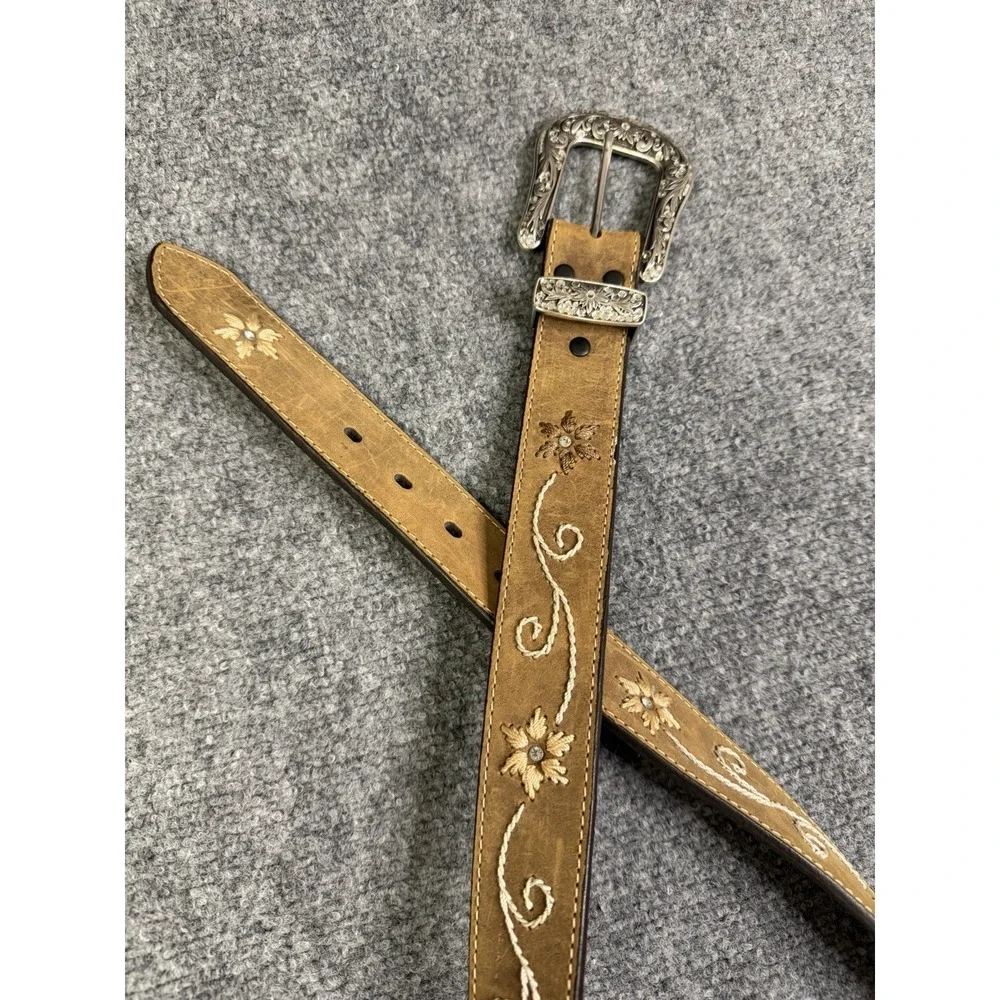 Nocona Brown Leather Floral Rhinestone Belt Women's Size Large