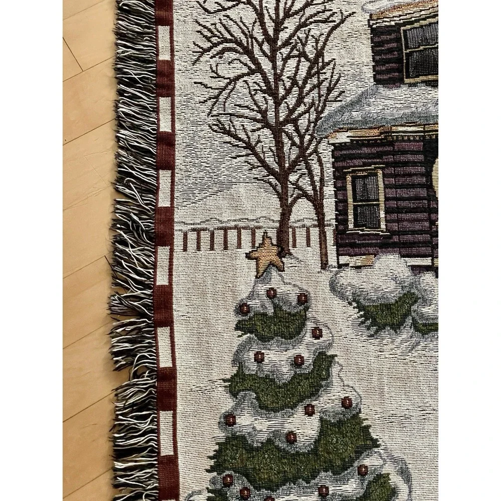 Vintage Winter Christmas Tapestry Blanket Throw Snow Victorian House Snowman Kid