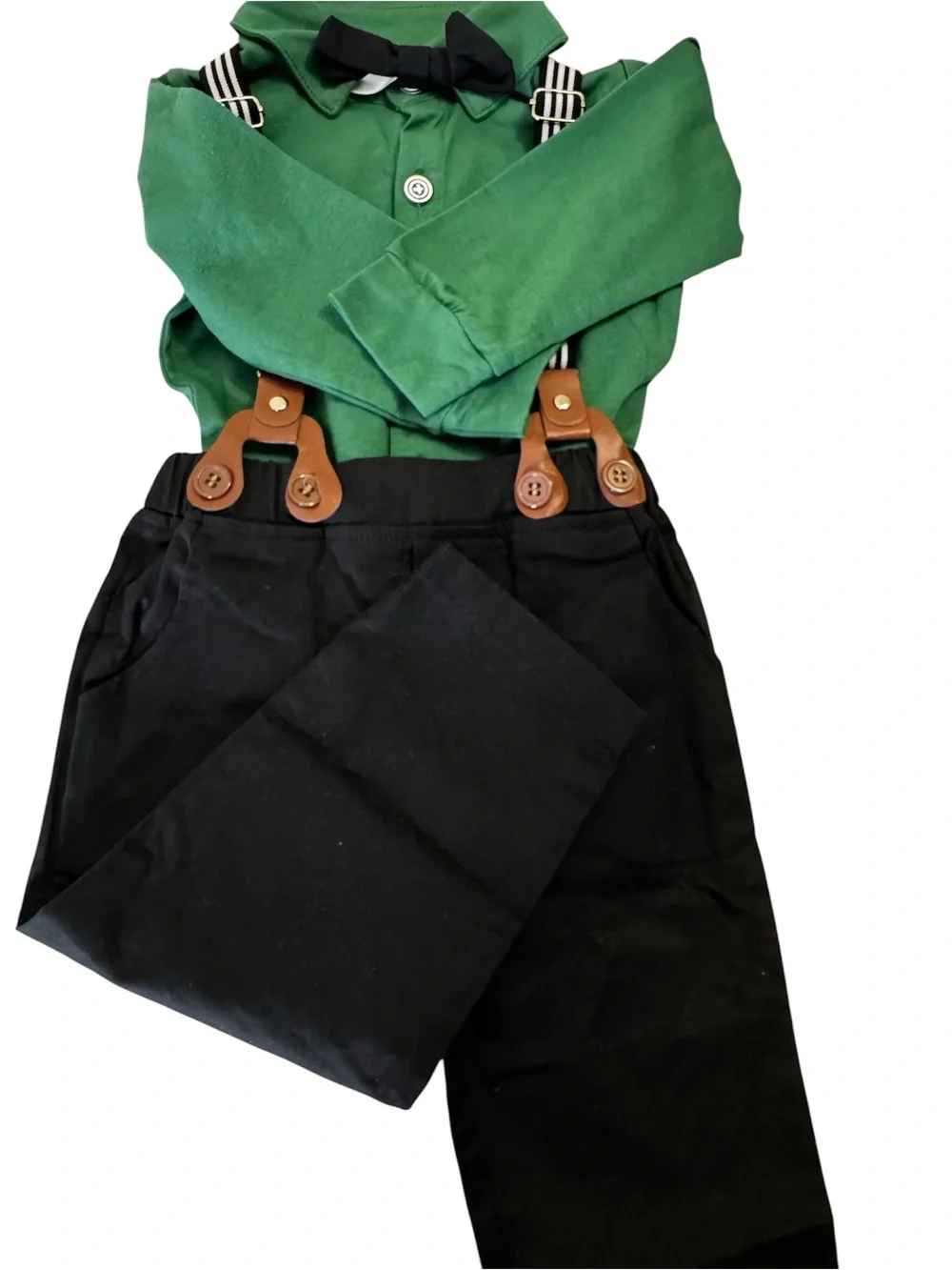 Kids Green Button-Down Shirt with Black Pants & Suspenders Set