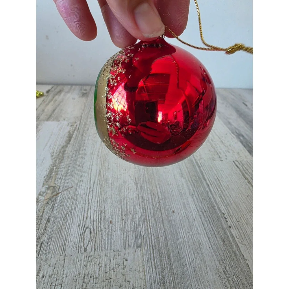 Vintage Kurt Adler red indent ball gold glitter ornament glass Xmas tree