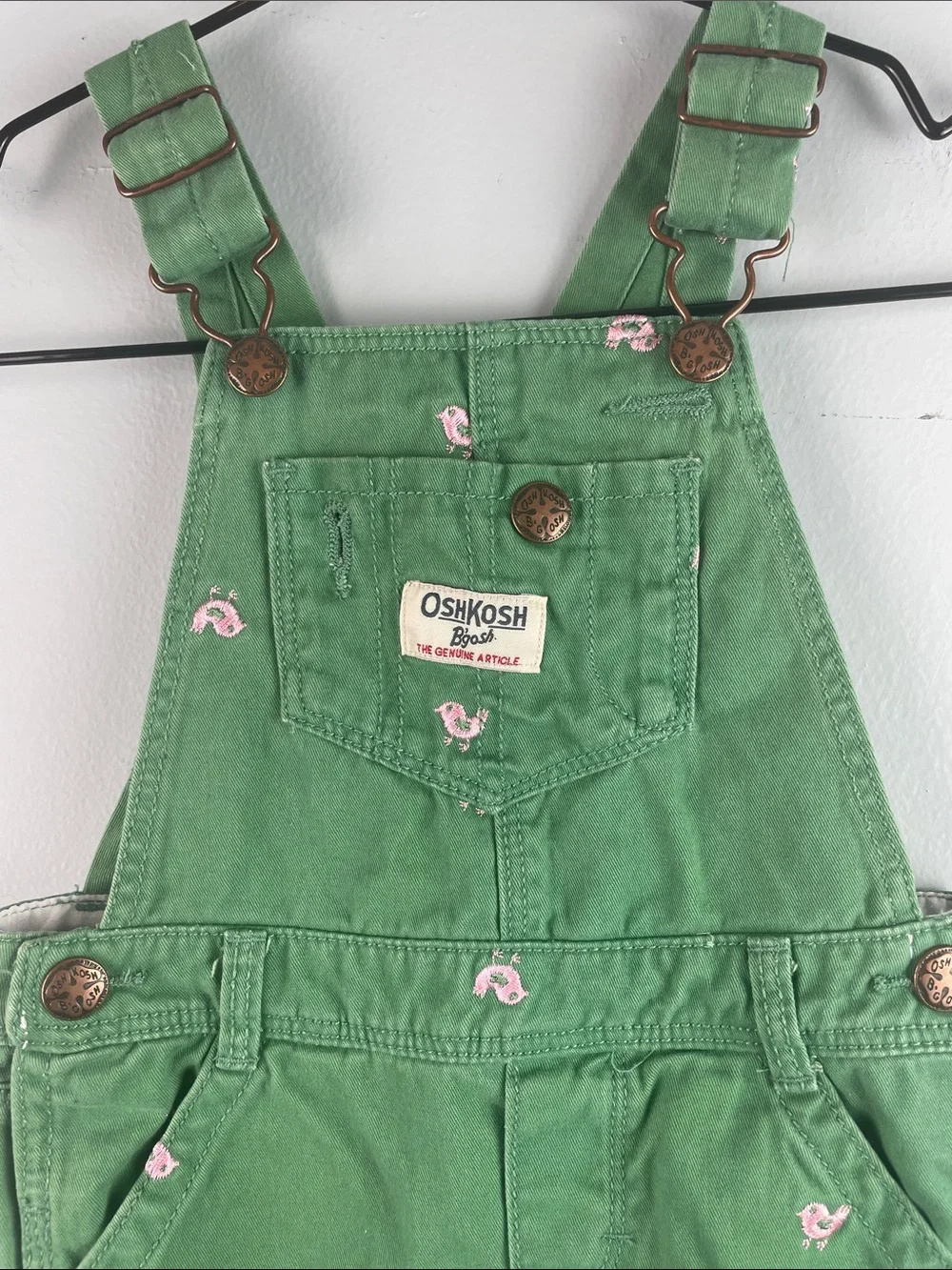 OshKosh B'gosh Green Overalls with Pink Embroidered Birds Size 3 toddler