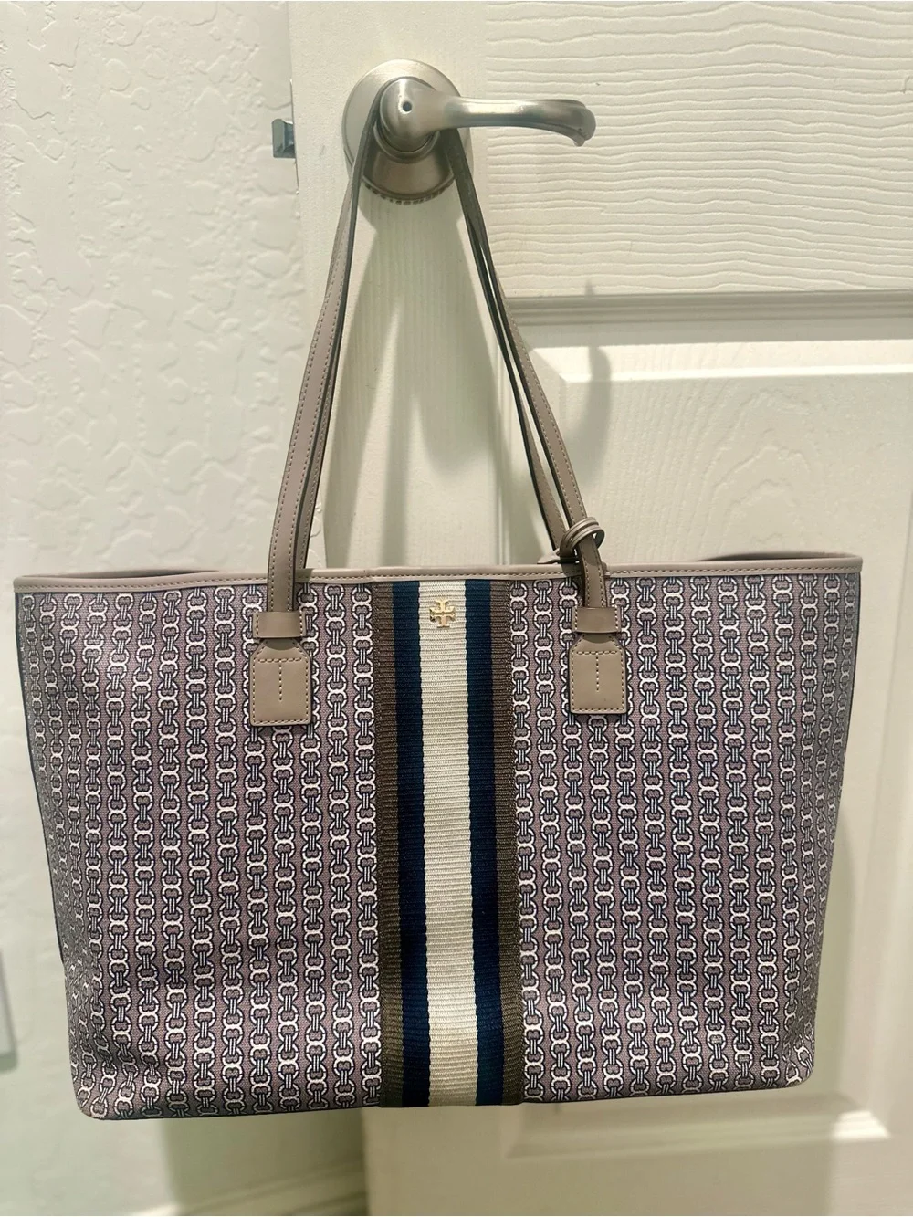 Tory Burch Gemini Link Canvas Tote Bag Gray/Taupe Stripe Shoulder Bag