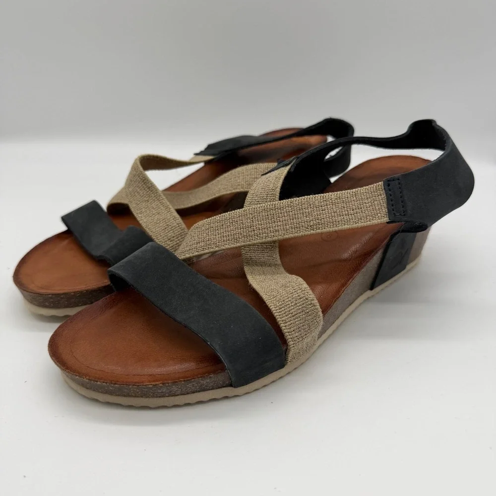Bio Bio Leather Fabric Wedge Sandals Black Tan Strappy Cork 8 BIO 201-77634