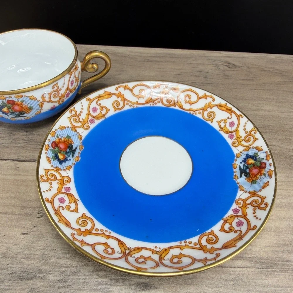 Antique SPM Germany Porcelain Tea Cup Saucer Set Cobalt Blue Gold Fruit Gilt VTG