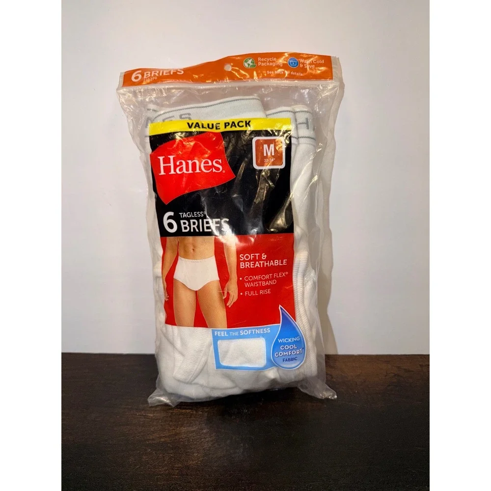 Hanes Tagless Briefs 6 Pack White Cotton Full‎ Rise Comfort Flex Sz M 32-34