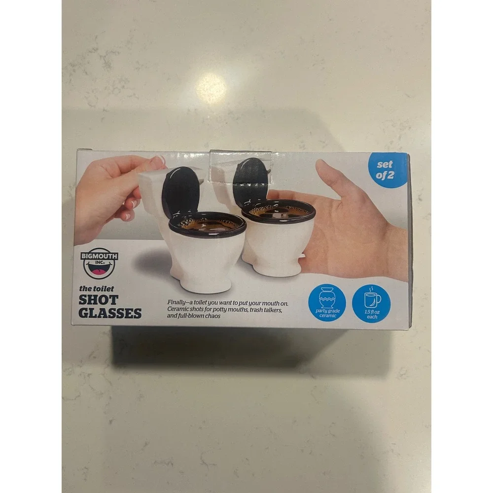 BigMouth Inc The Toilet Shot Glasses Set of 2 Ceramic Gag Gift 1.5oz White Black