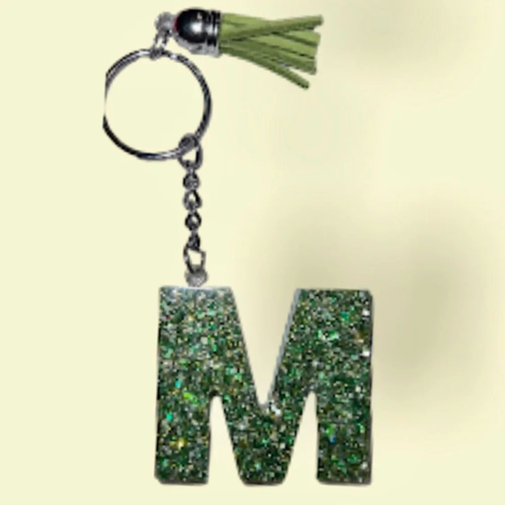 letter M glitter resin‎ keychain, will add any name!
