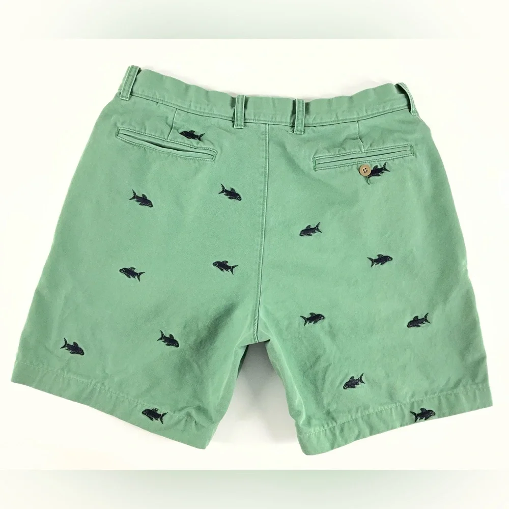 J. Crew Shark Embroidered Chino Flat Front Green‎ Shorts Mens Size 34