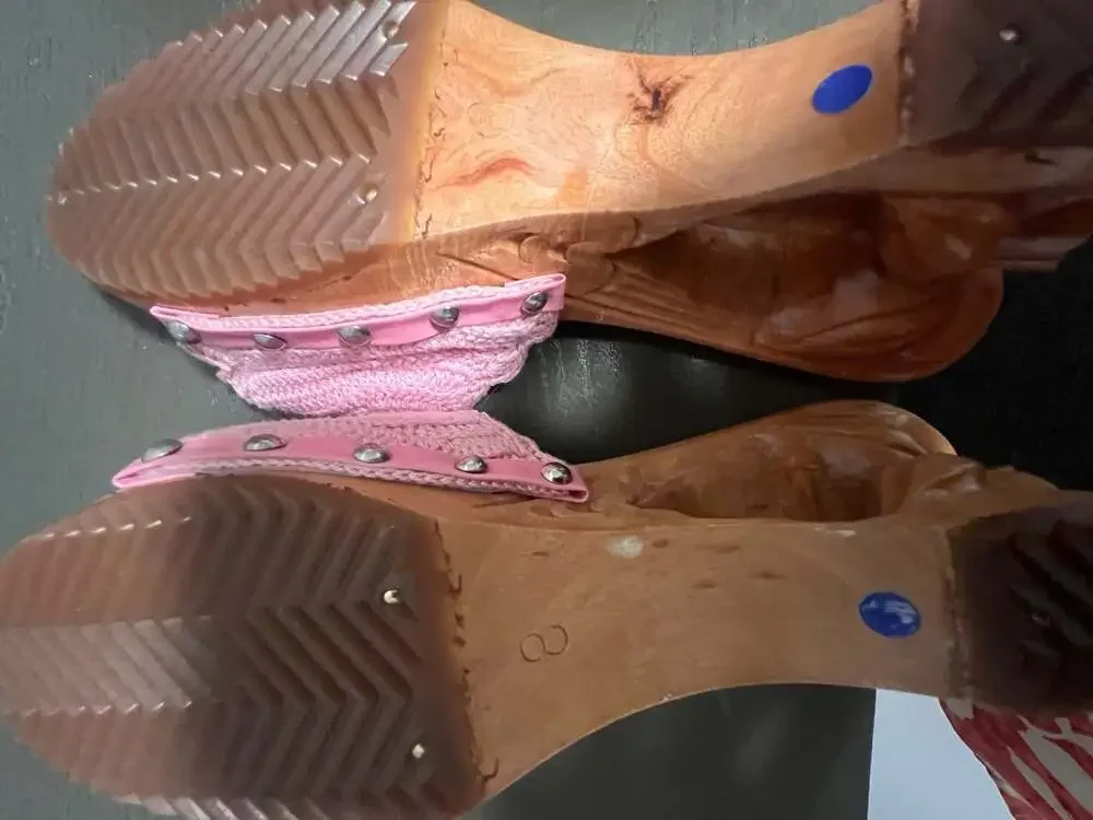 CraftsHawaii Vintage Hand-Carved Wooden Wedge Sandals with Pink Crochet Straps