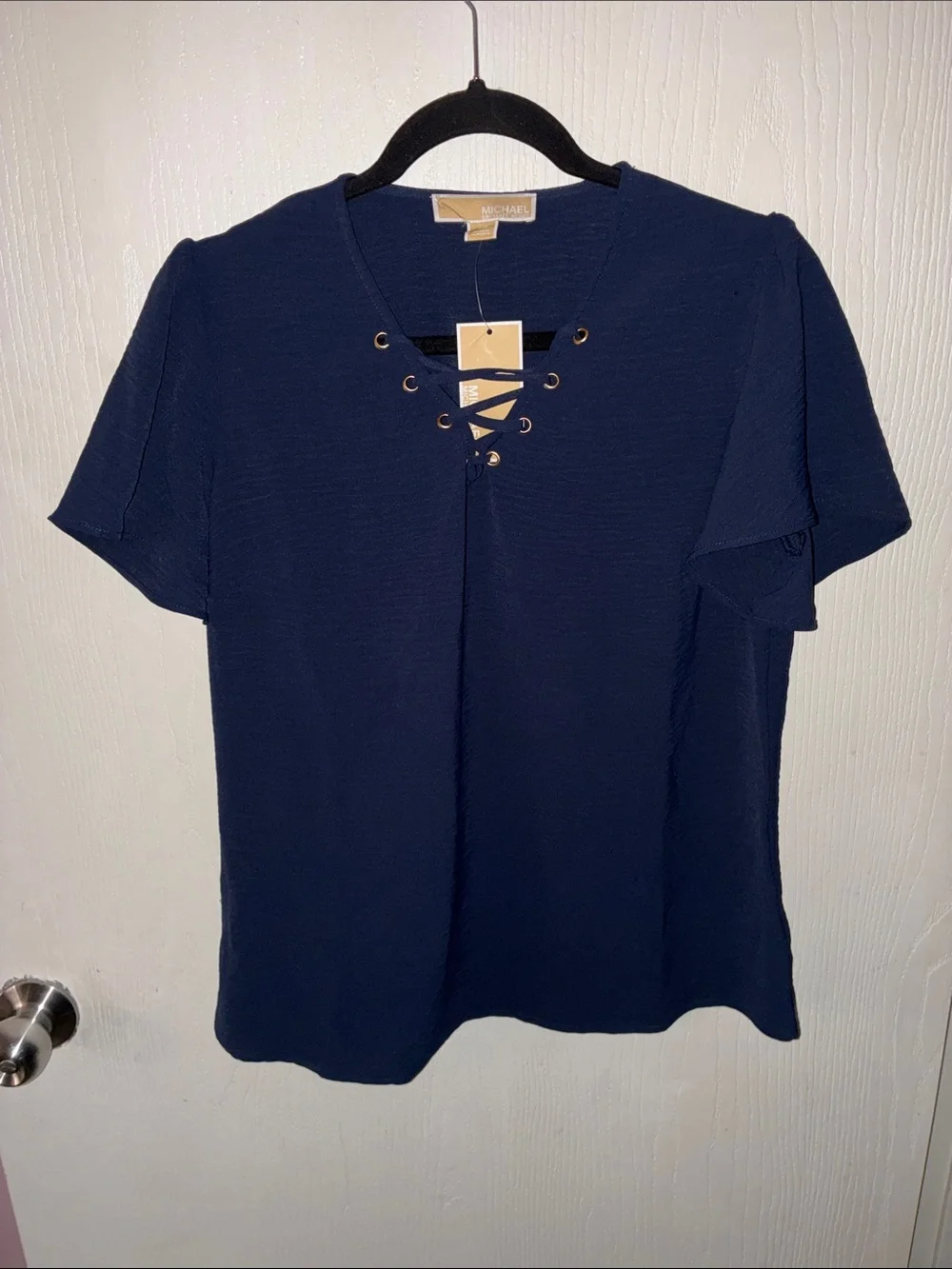 Michael Kors Deep Navy Lace-Up Short Sleeve Blouse