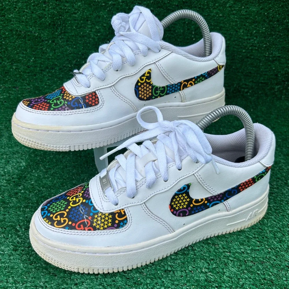 Nike Air Force 1 Low Custom Rainbow GG Monogram White Sneakers‎ 314192-117 5Y