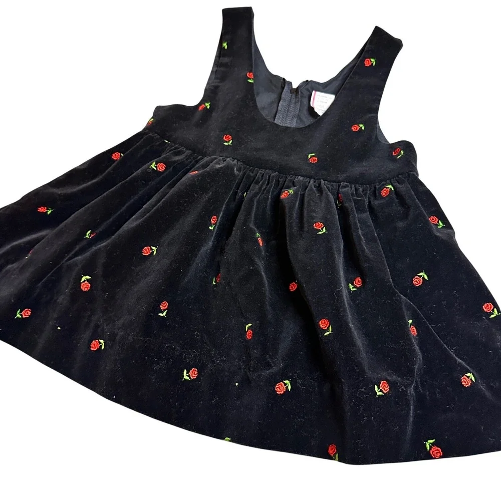 Vintage OshKosh‎ B'gosh Velvet Rosebud Dress 4T Black Embroidered Holiday Jumper