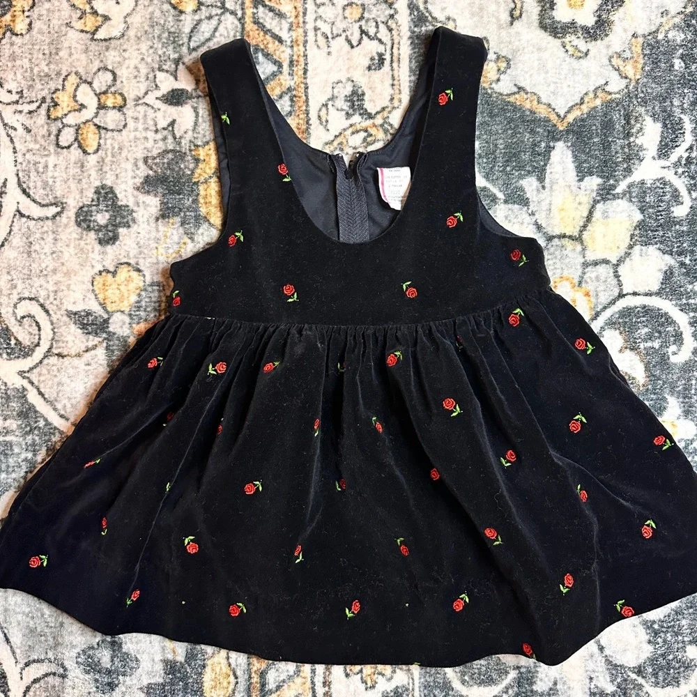 Vintage OshKosh‎ B'gosh Velvet Rosebud Dress 4T Black Embroidered Holiday Jumper