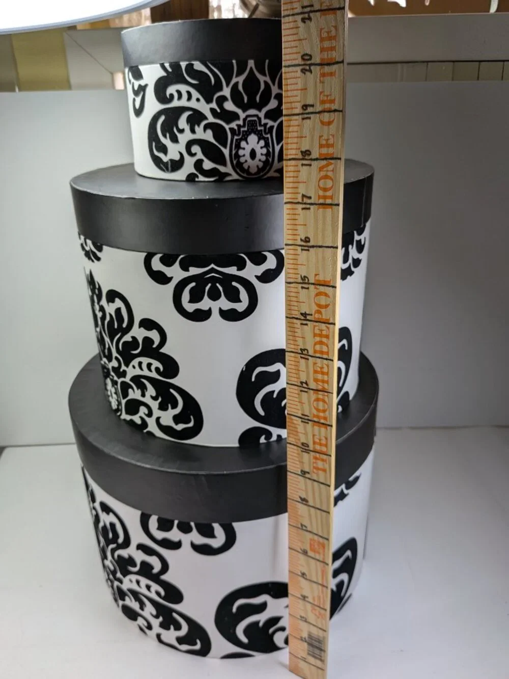 Set of 3 Vintage Flocked Damask Hat Boxes Black & White Round Nesting Storage