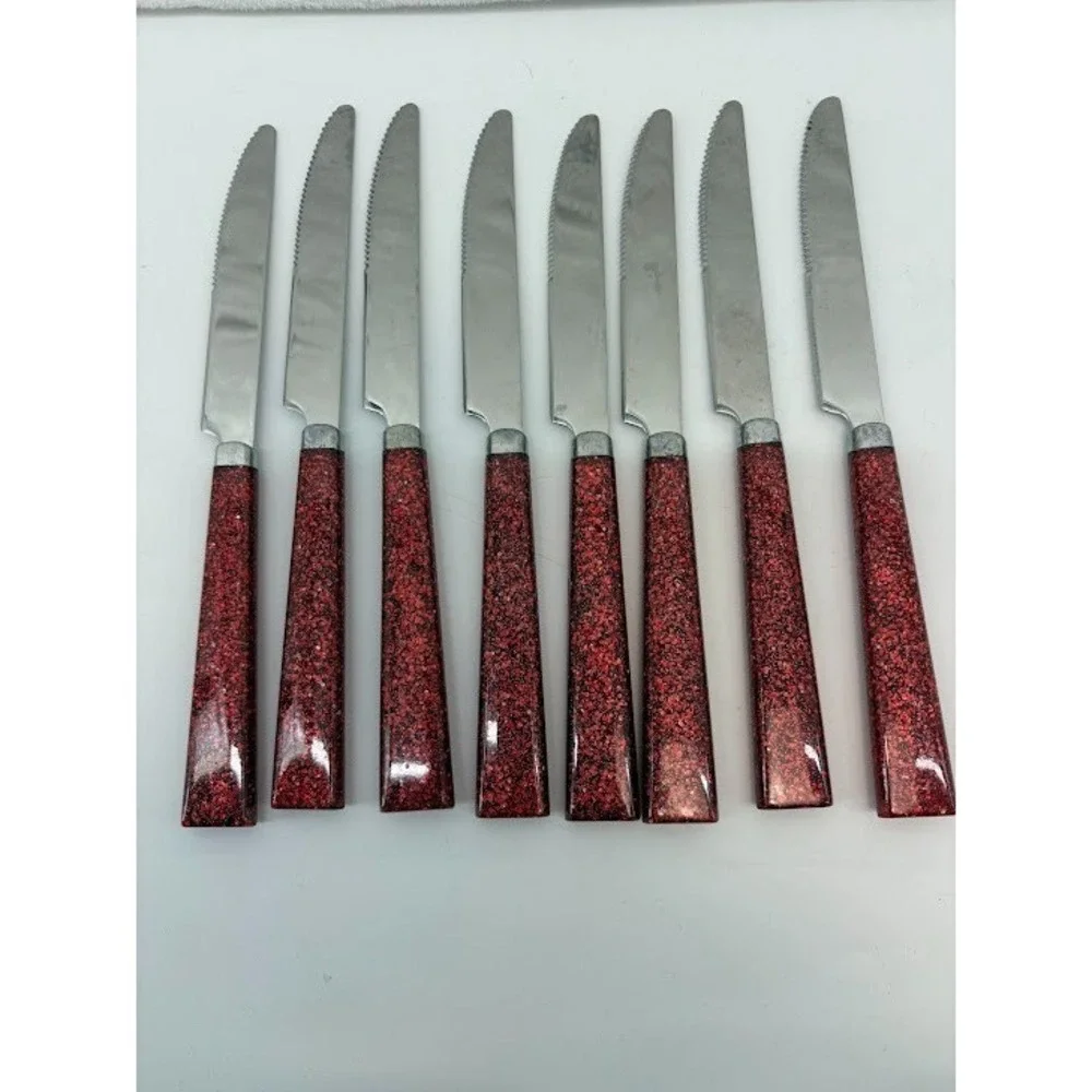 8 Pc‎ Knife Set Red Glossy Sparkle Handle Christmas Flatware Silverware