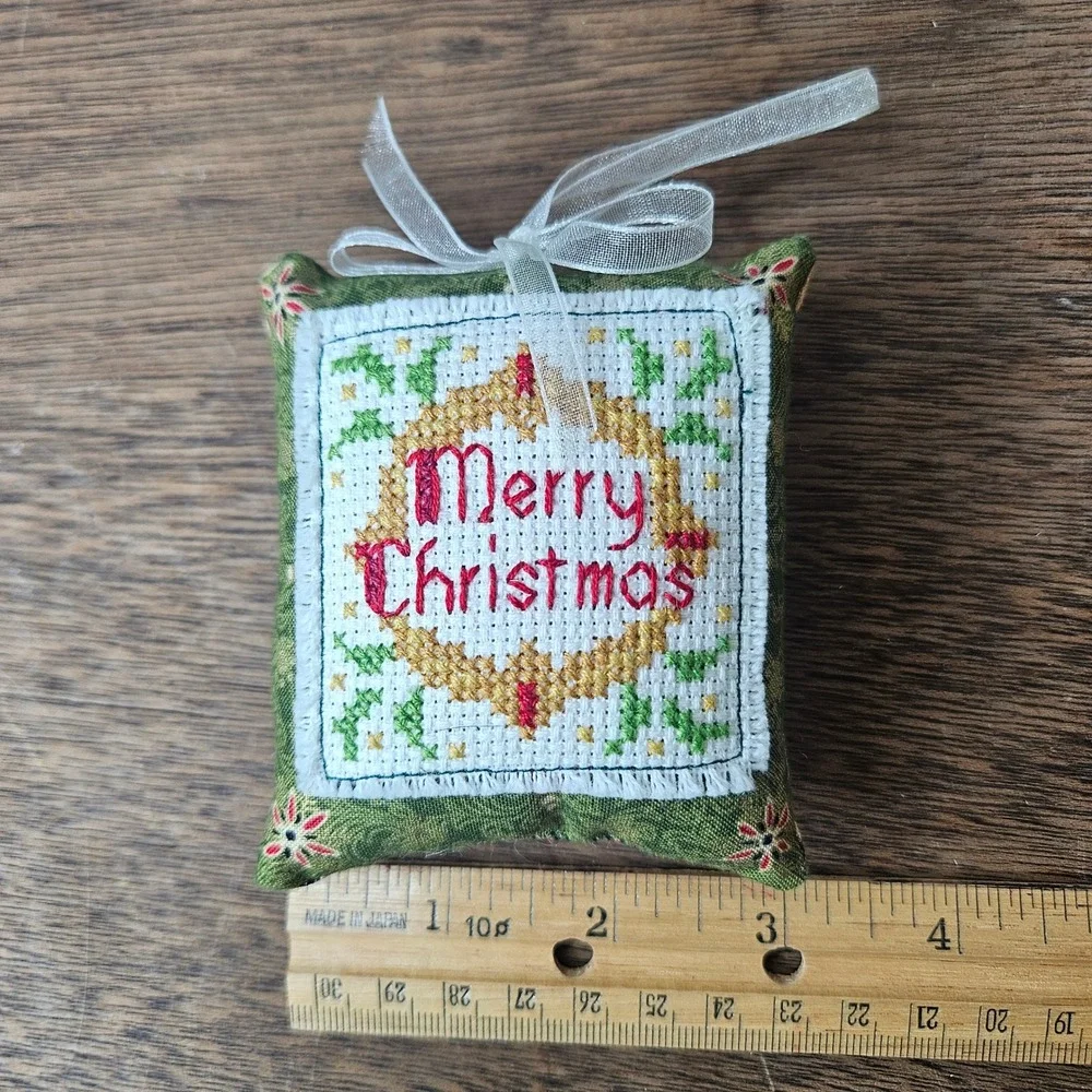 Handmade Merry Christmas Cross Stitch Pillow Ornament Green‎ Red Holiday Decor