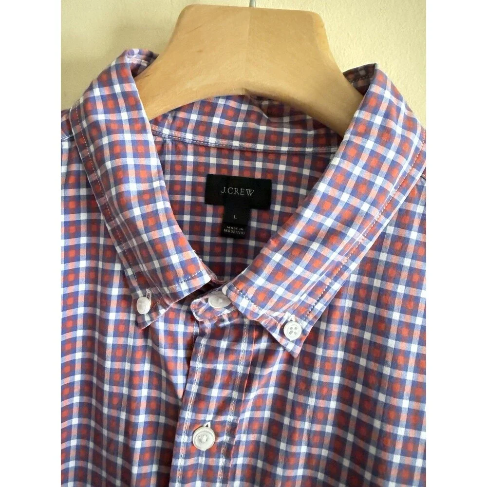 J. Crew Long Sleeve‎ Button Down Shirt Dress Gingham Orange/Red Blue Mens Large