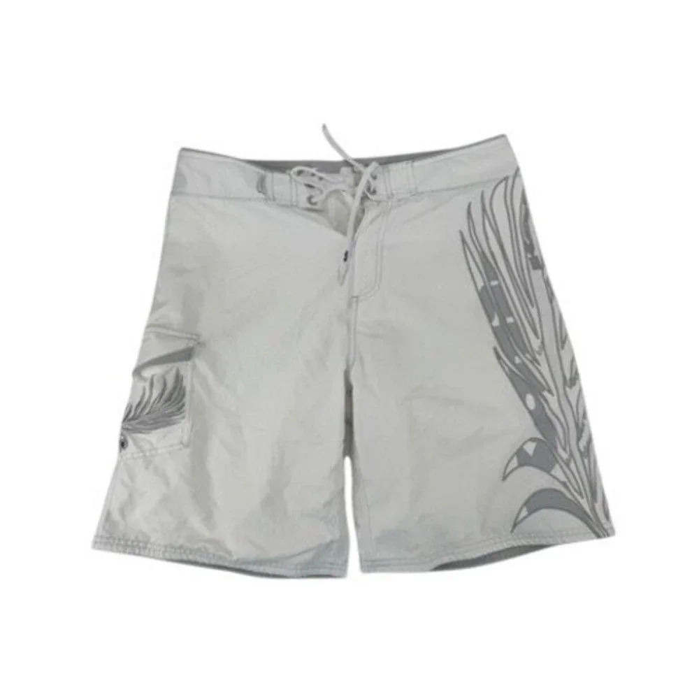 Katin Board Shorts Mens 33 White Grey Graphic Feather Surf Swim Trunks 100% Poly