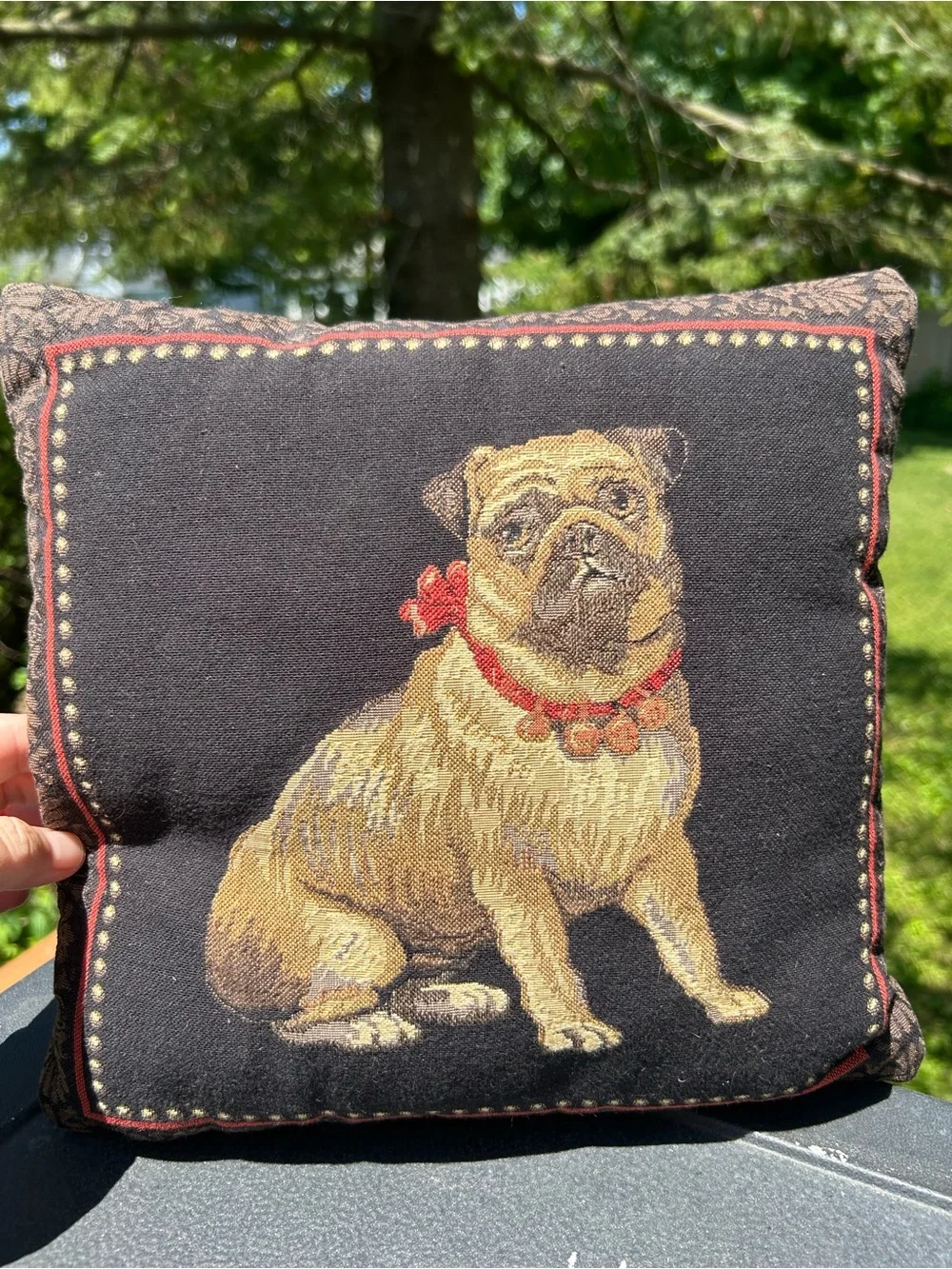 Vintage Pillow Tapestry Pug Dog Throw Black Tan Regal Double Sided Accent 11x11