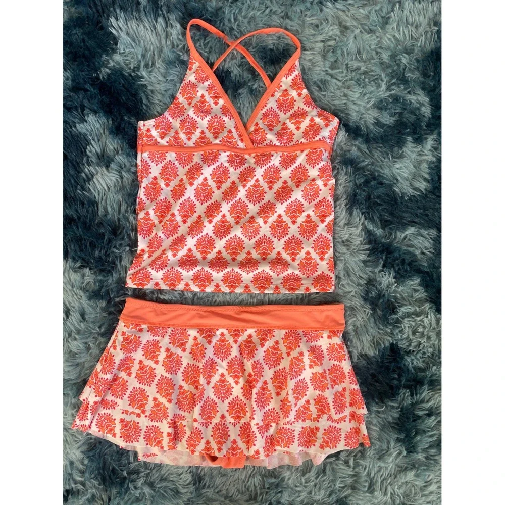 Cabana Life Kids Tankini Swimsuit Skirted‎ Bottoms Orange White Size 14