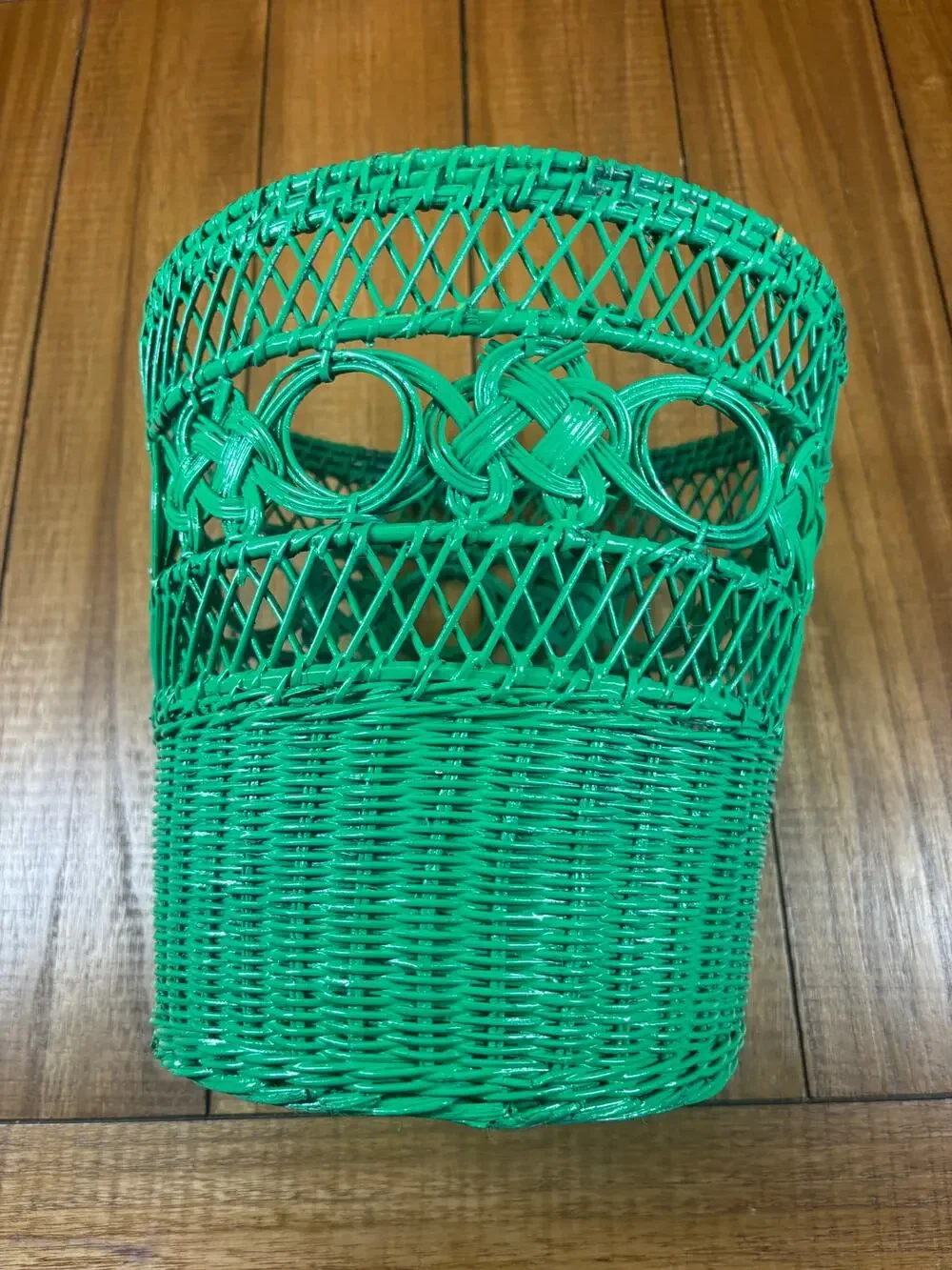 Green Wicker Wastebasket Planter Vintage Trash Can Shabby Chic Cottage BOHO
