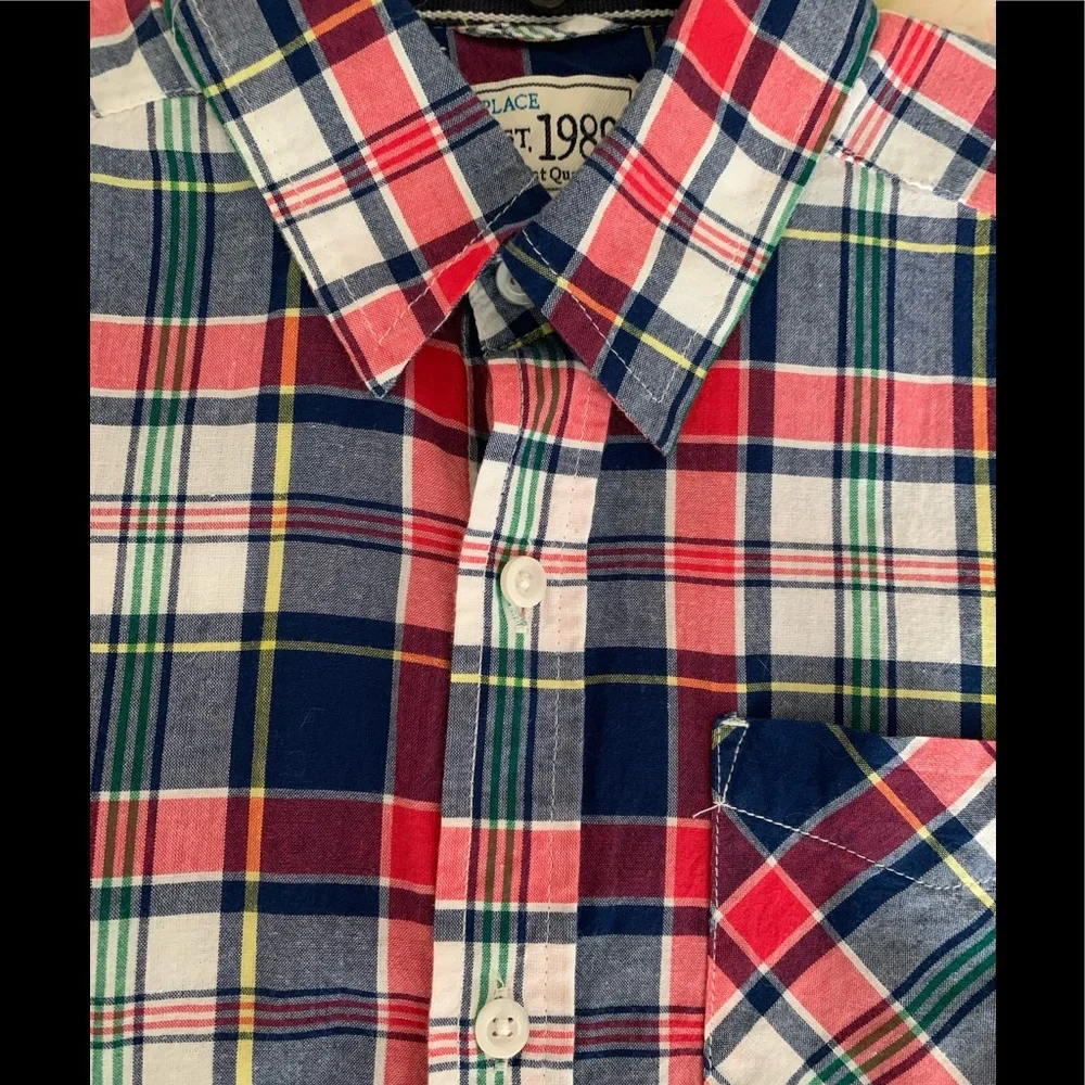 Children’s Place Shirt Boy L 10/12 Red White Blue Plaid Button Down Short Sleeve