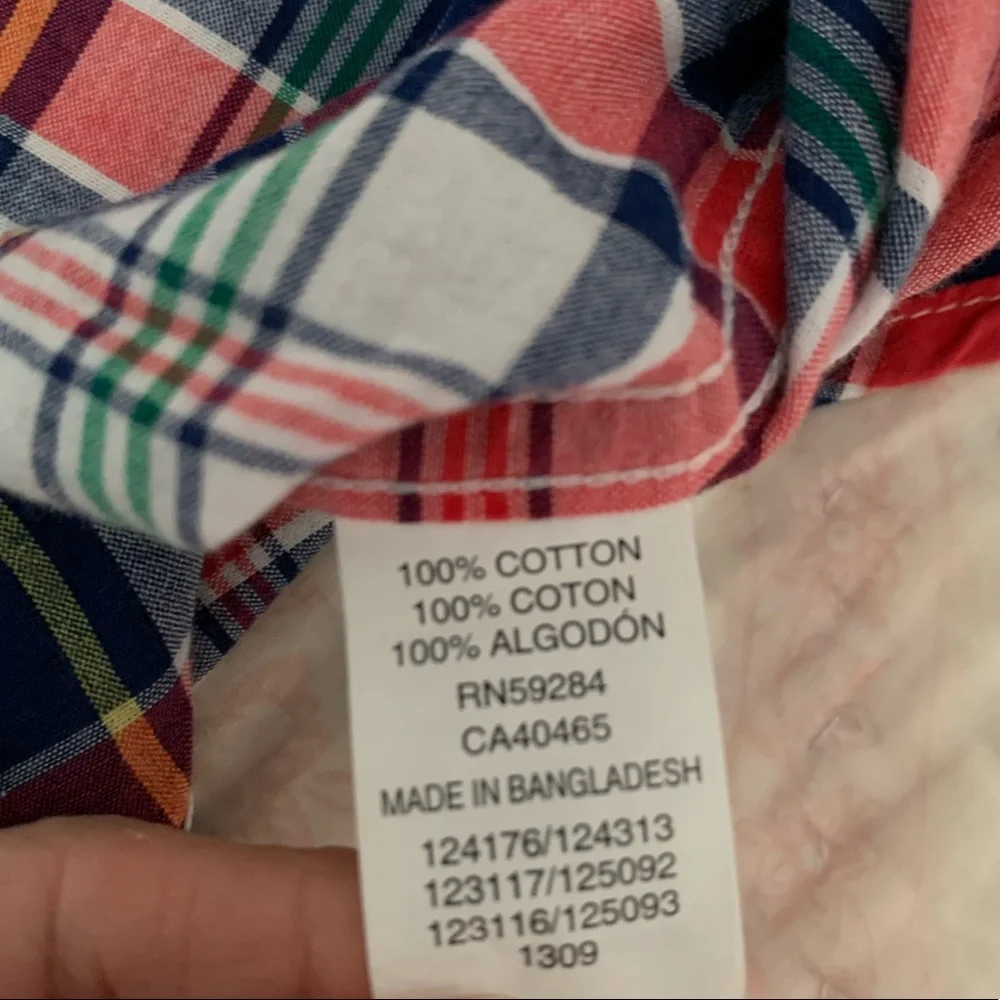 Children’s Place Shirt Boy L 10/12 Red White Blue Plaid Button Down Short Sleeve
