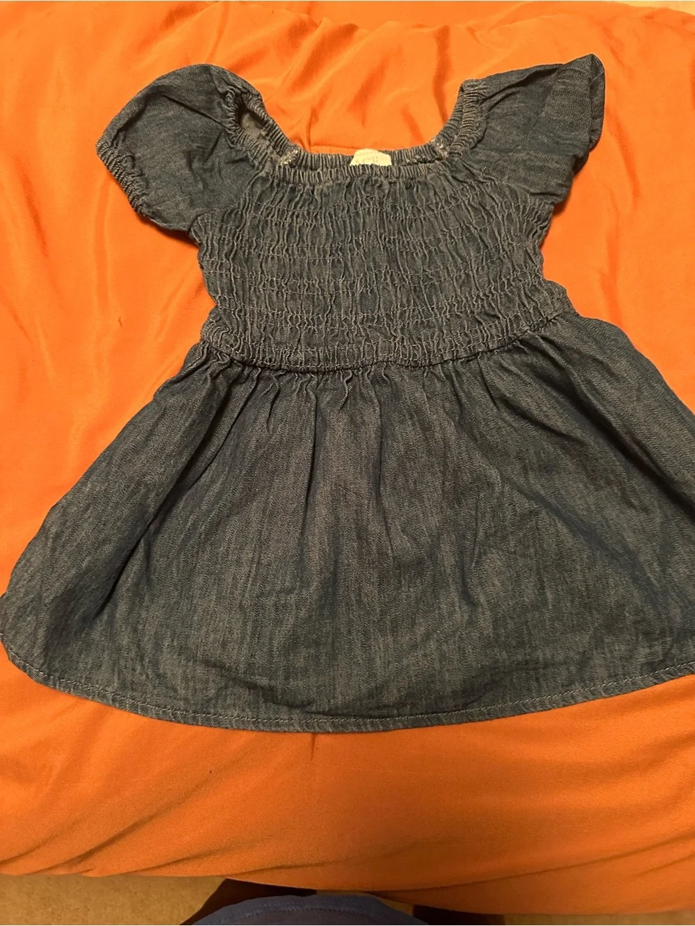 Smocked Denim Look Dress in Deep Blue