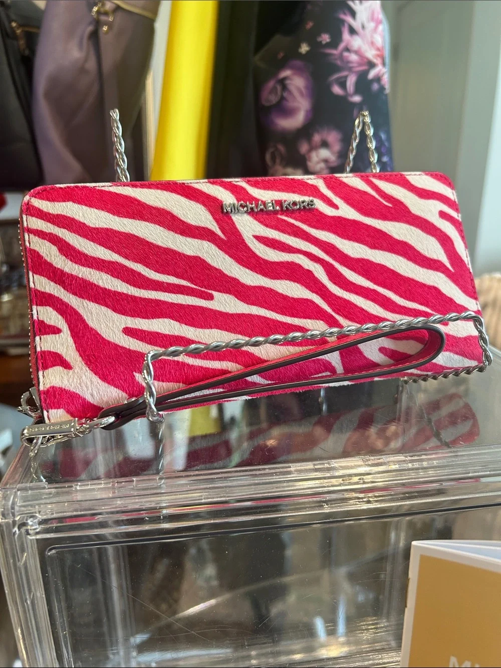 Michael Kors Dragon Fruit Zebra-Print Calf-Hair Leather Wristlet 8.5”x 4” NWT