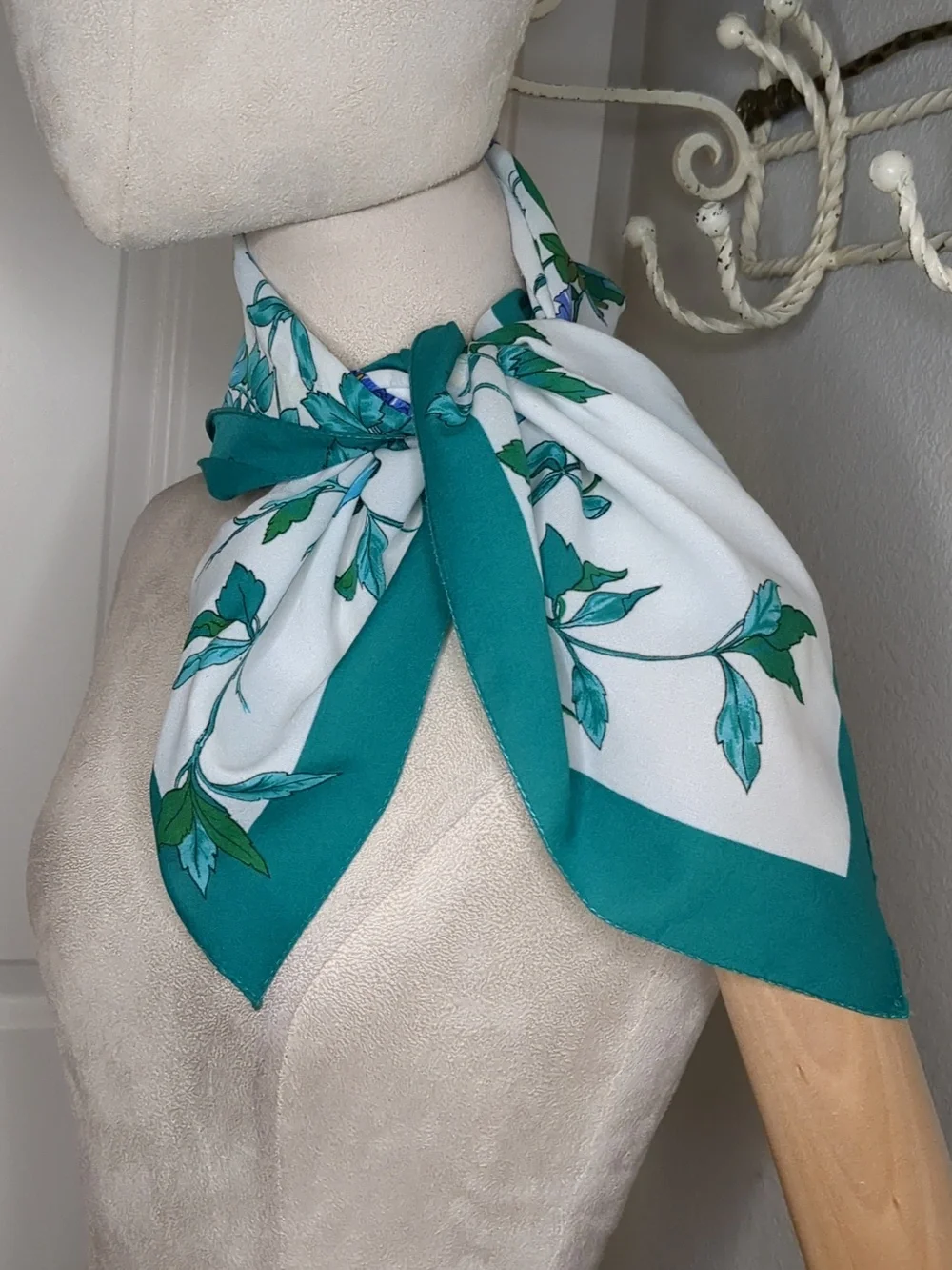 Vintage 60s Floral Scarf Italy Teal and White Garden Cottagecore Spring Summer
