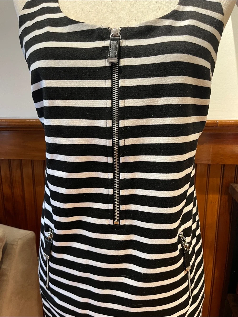 Michael Kors Black and White Striped Zip-Front Tank Midi Dress