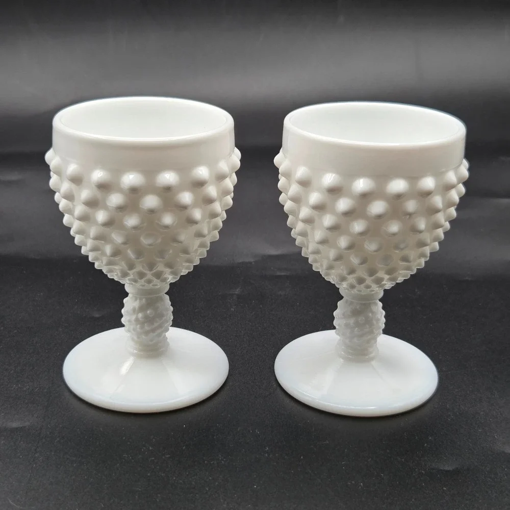 2 Vintage Fenton White Milk Glass Hobnail Wine Glass‎ Goblet Chalice 4