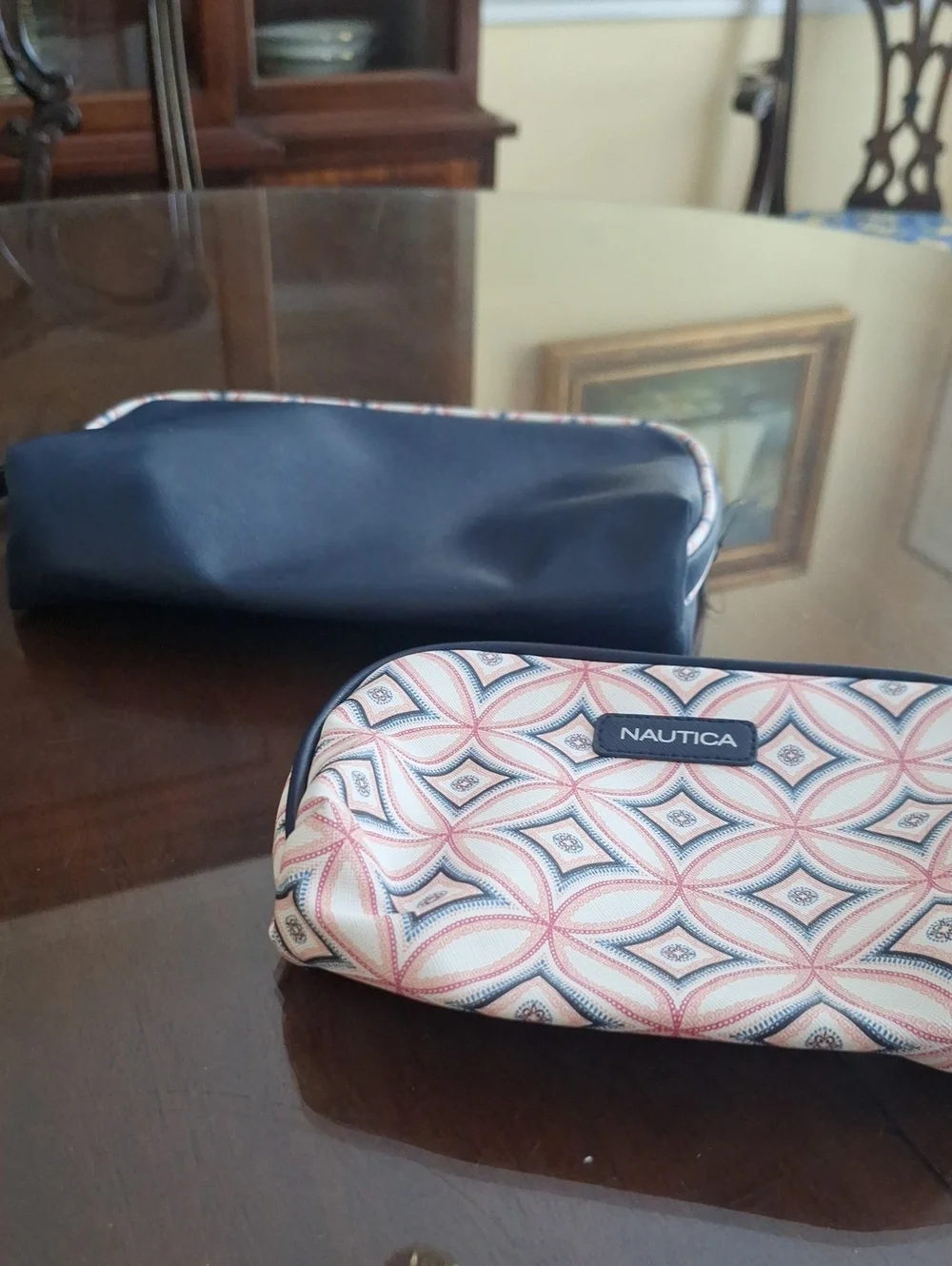 Nautica Navy & Pink/Blue Two Piece Patterned Cosmetic Case Travel Bag Set, NWT