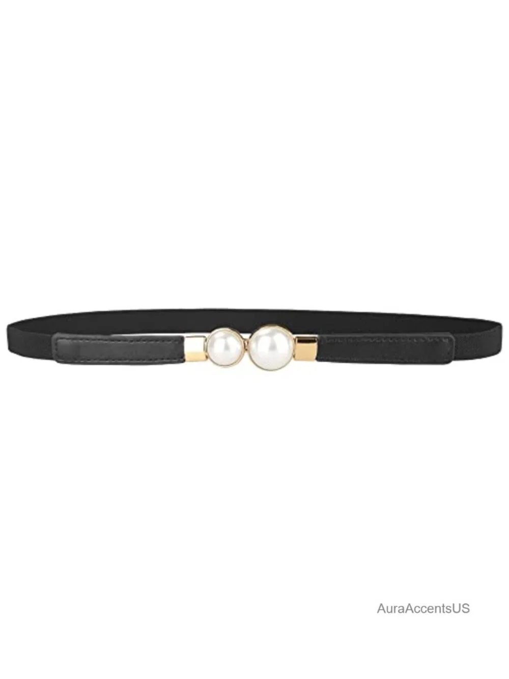 Skinny Stretchy Faux Leather Belt with Gold Pearl Buckle
