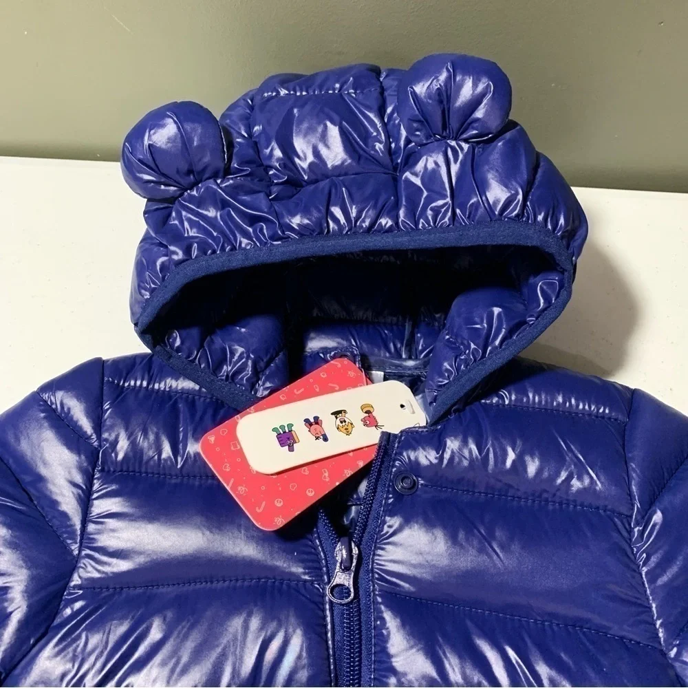 New Baby Down 3D Hooded Eared bear coat puffer 12-18 mths blue BNWT.