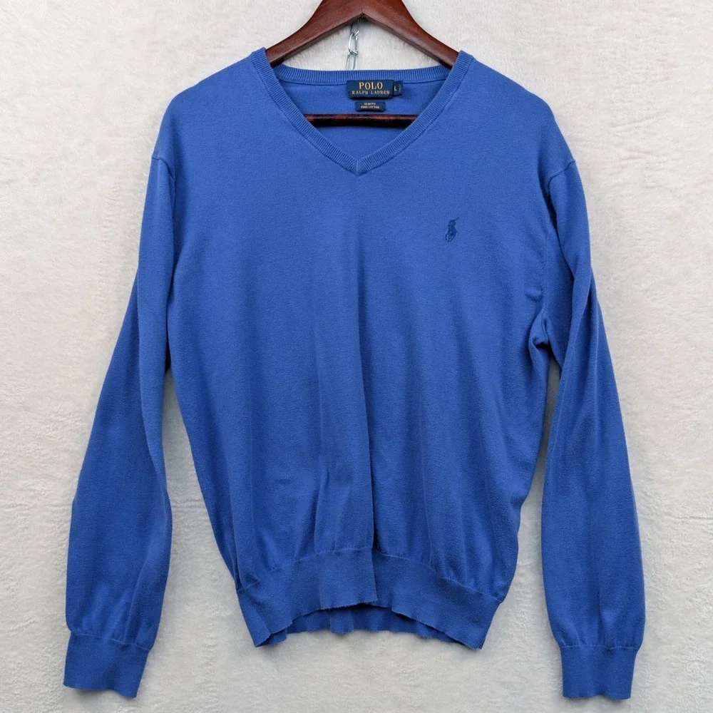 Polo Ralph Lauren Sweater Men's L Blue V-Neck Pima Cotton Slim Fit Pony Preppy