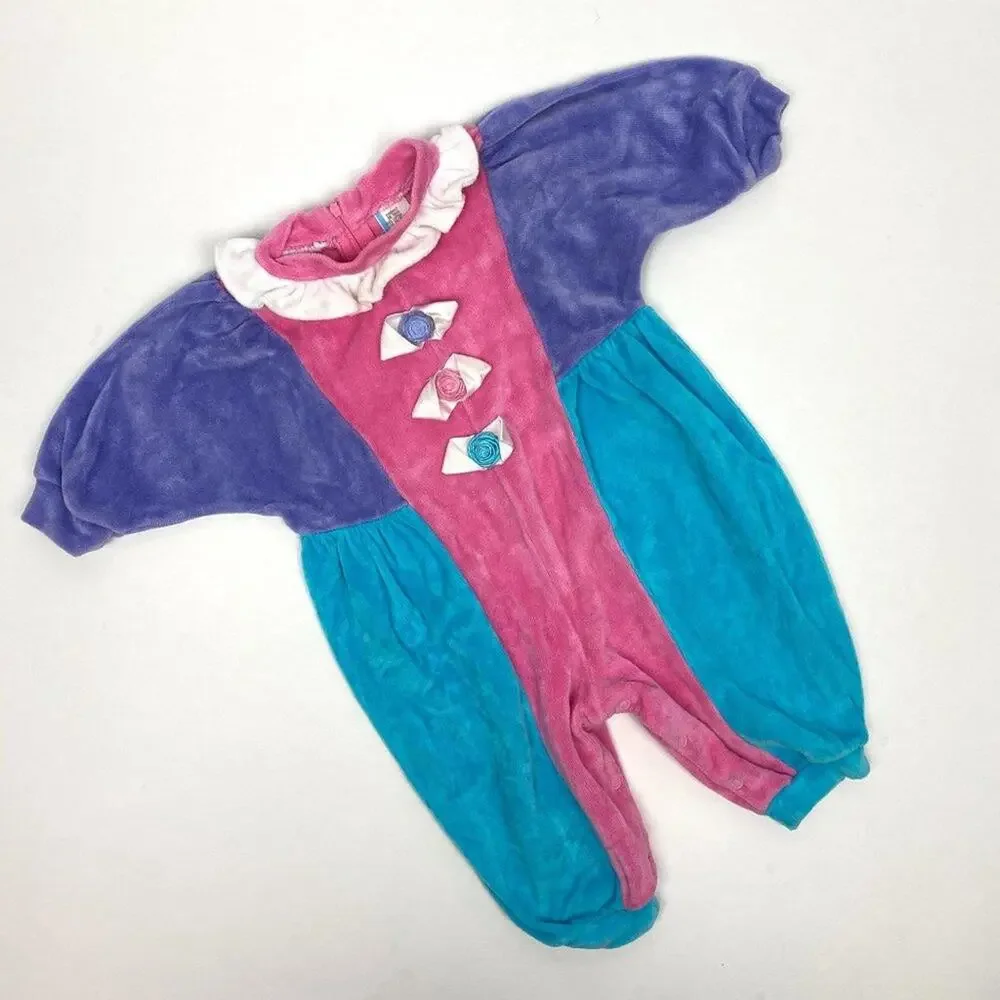 Vintage Girls Bright Color Block Velour Jumpsuit 6-9 Months