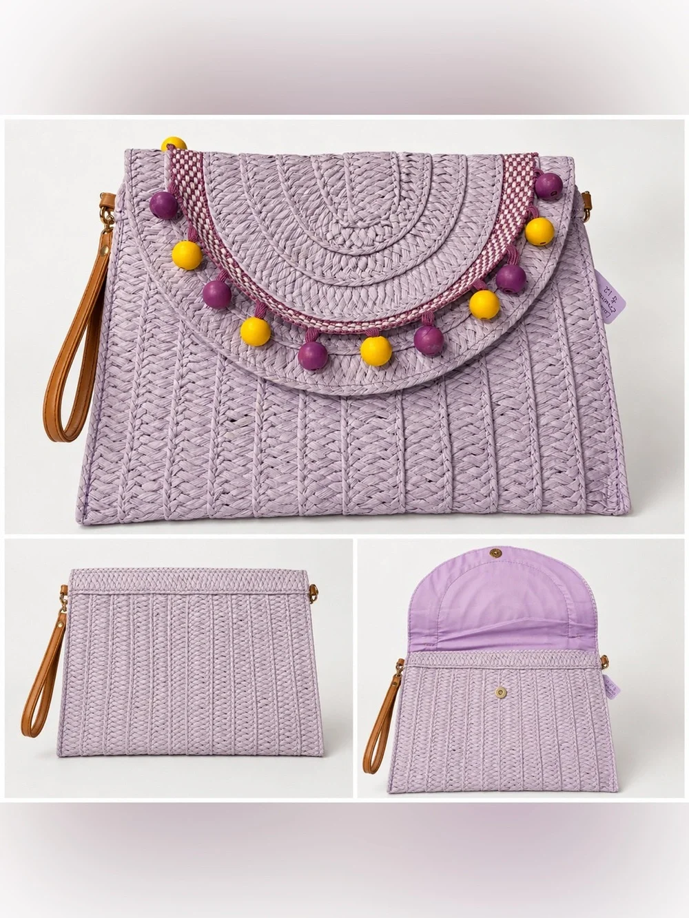 Boutique Lavender & Lemon Woven Envelope Clutch Crossbody Beaded Boho Purse
