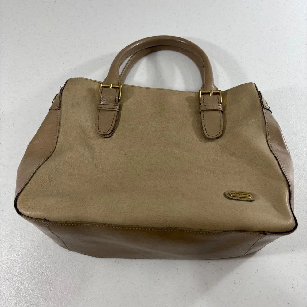 Liz Claiborne Tan Taupe Satchel Handbag Two Tone Gold Hardware Tote Bag