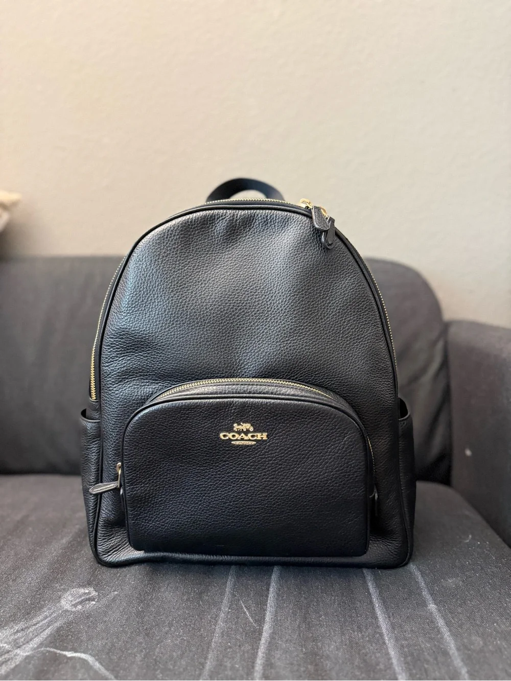 Coach Black Pebbled Leather Zip-Front Backpack with Gold Hardware