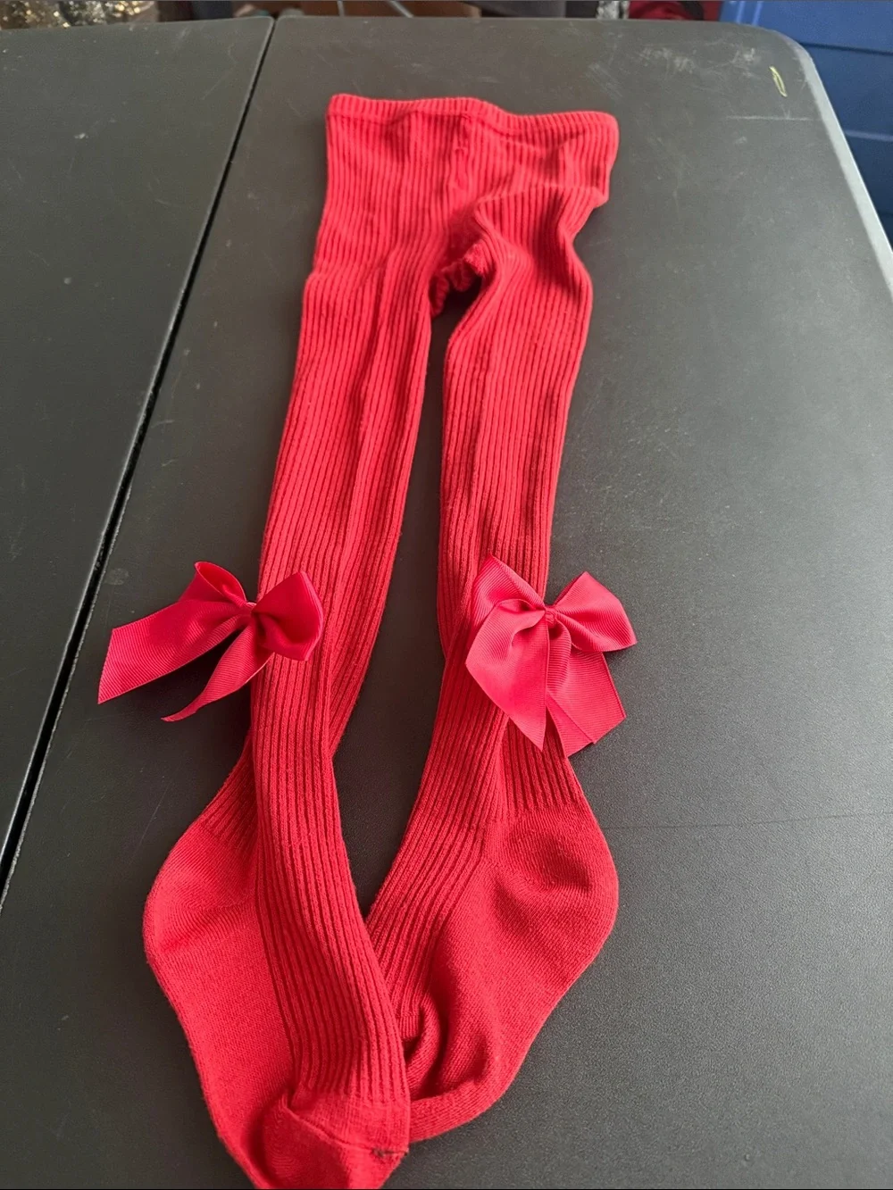 Kids Red Ribbed Tights with Side Bows