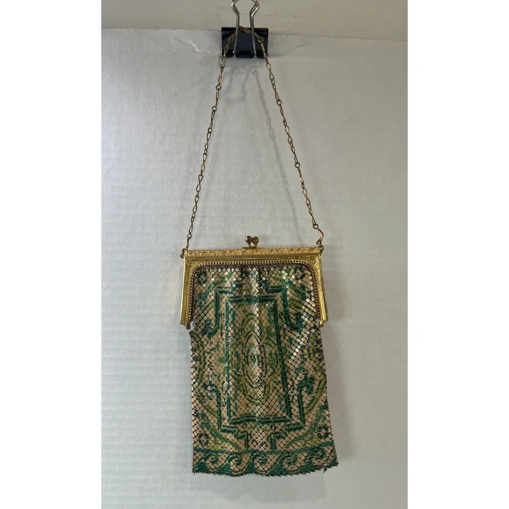 Antique Art Deco 1920's Whiting & Davis Enameled Mesh Flapper Purse Green Gold