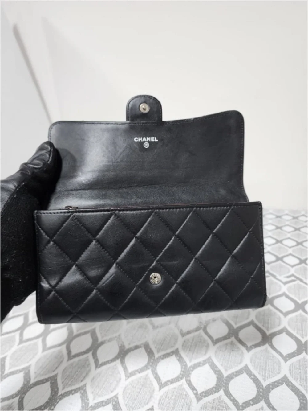 Authentic CHANEL Lambskin Quilted Large Flap Wallet Black