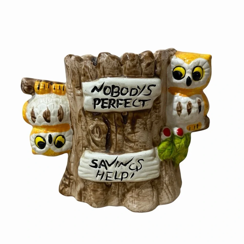 Vintage Enesco Owl Coin‎ Bank Ceramic Hand Painted Nobody's Perfect Savings Help