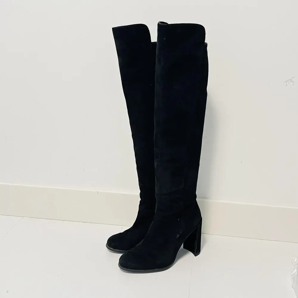 Stuart Weitzman Boots Womens 6 Black Suede Thigh High Over Knee Zip Block Heel